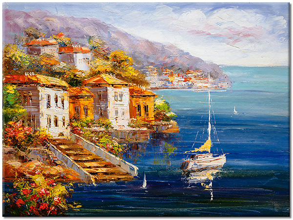 tablou canvas, alb, albastru, arta, barci-corabii, mare, picturi, picturi-peisaje, portocaliu, turism