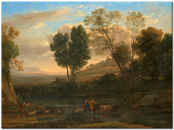 tablou canvas, albastru, alte-peisaje, arta, bej, copaci, flori, lorrain, maro, peisaje, pictori, picturi, picturi-peisaje, rasarit, rauri, verde