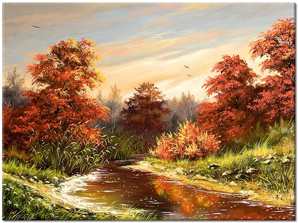 tablou canvas, arta, bej, copaci, gri, maro, paduri, paduri, peisaje, picturi, picturi-peisaje, portocaliu, rauri, toamna, verde