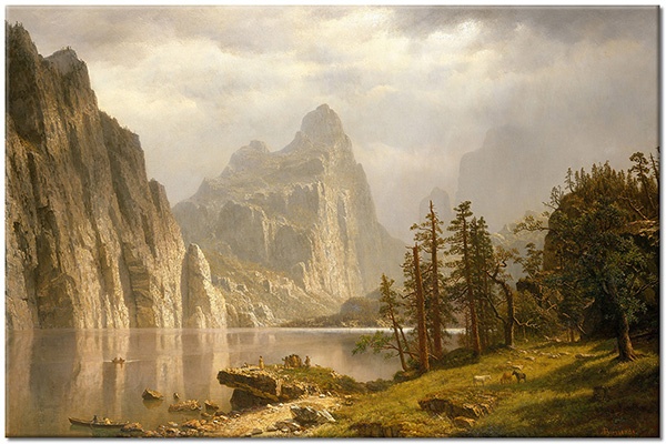 tablou canvas, arta, bej, bierstadt, brazi, copaci, gri, munti, paduri, peisaje, picturi, picturi-peisaje, rauri, stanci, verde