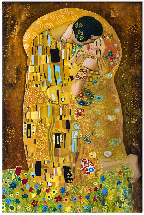 tablou canvas, abstract-fantezie, albastru, arta, cupluri, galben, klimt, maro, multicolor, pictori, picturi, picturi-abstracte, portocaliu, sarut, verde