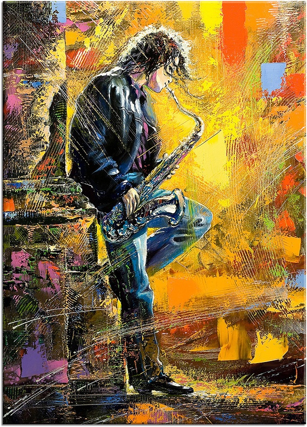 tablou canvas, albastru, arta, arta-contemporana, barbati, baruri, muzica, negru, picturi, picturi-personaje, portocaliu, roz, violet