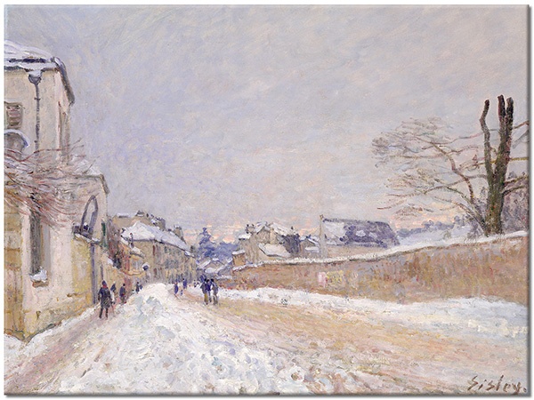 tablou canvas, alb, albastru, arta, bej, cladiri, diverse, iarna, maro, naturi-moarte-alte-picturi, pictori, picturi, picturi-peisaje, sisley, strada, zapada