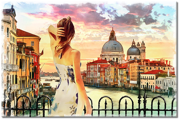 tablou canvas, arta, arta-contemporana, bej, cladiri, femei, gri, italia, multicolor, orase, peisaje, peisaje-urbane-rurale, rosu, turism, venetia