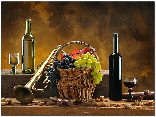 tablou canvas, alimente-bauturi, baruri, bej, bucatarie, diverse, fructe, galben, maro, muzica, natura-moarta, negru, portocaliu, rosu, struguri, verde, vin, violet