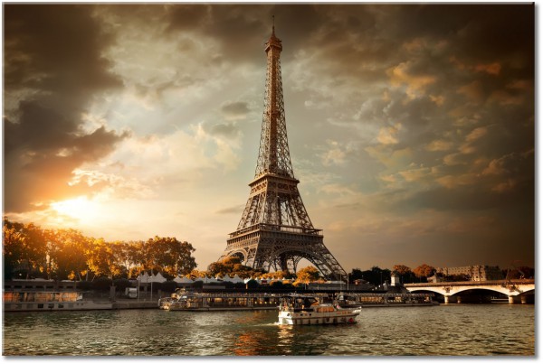 tablou canvas, apus, cer, franta, gri, maro, nori, orase, paris, peisaje, peisaje-urbane-rurale, portocaliu, sena, sepia, turism, turnul-eiffel