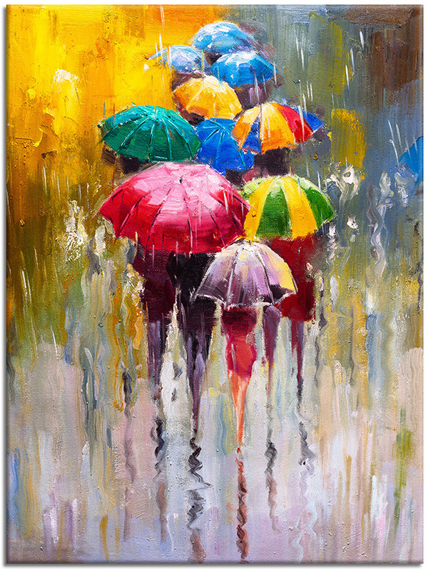 tablou canvas, albastru, arta, galben, multicolor, picturi, picturi-personaje, ploaie, rosu, roz, siluete, umbrele, verde