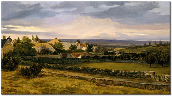 tablou canvas, alb, albastru, alte-peisaje, arta, bej, campuri, cladiri, peisaje, pictori, picturi, picturi-peisaje, rousseau, sate, verde