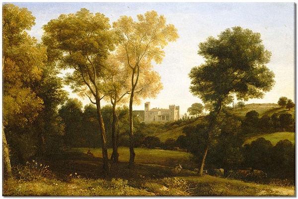 tablou canvas, albastru, alte-peisaje, arta, copaci, dealuri, flori, galben, lorrain, peisaje, pictori, picturi, picturi-peisaje, verde