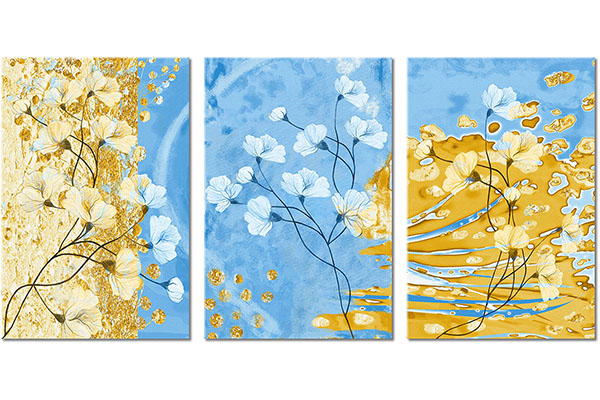 set de 3 tablouri: Flori albe pe fundal albastru-auriu