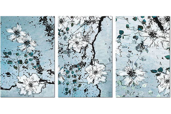 set de 3 tablouri: Flori albe pe ramuri schițate