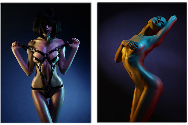 set de 2 tablouri: Fotomodele sexy în con de lumina